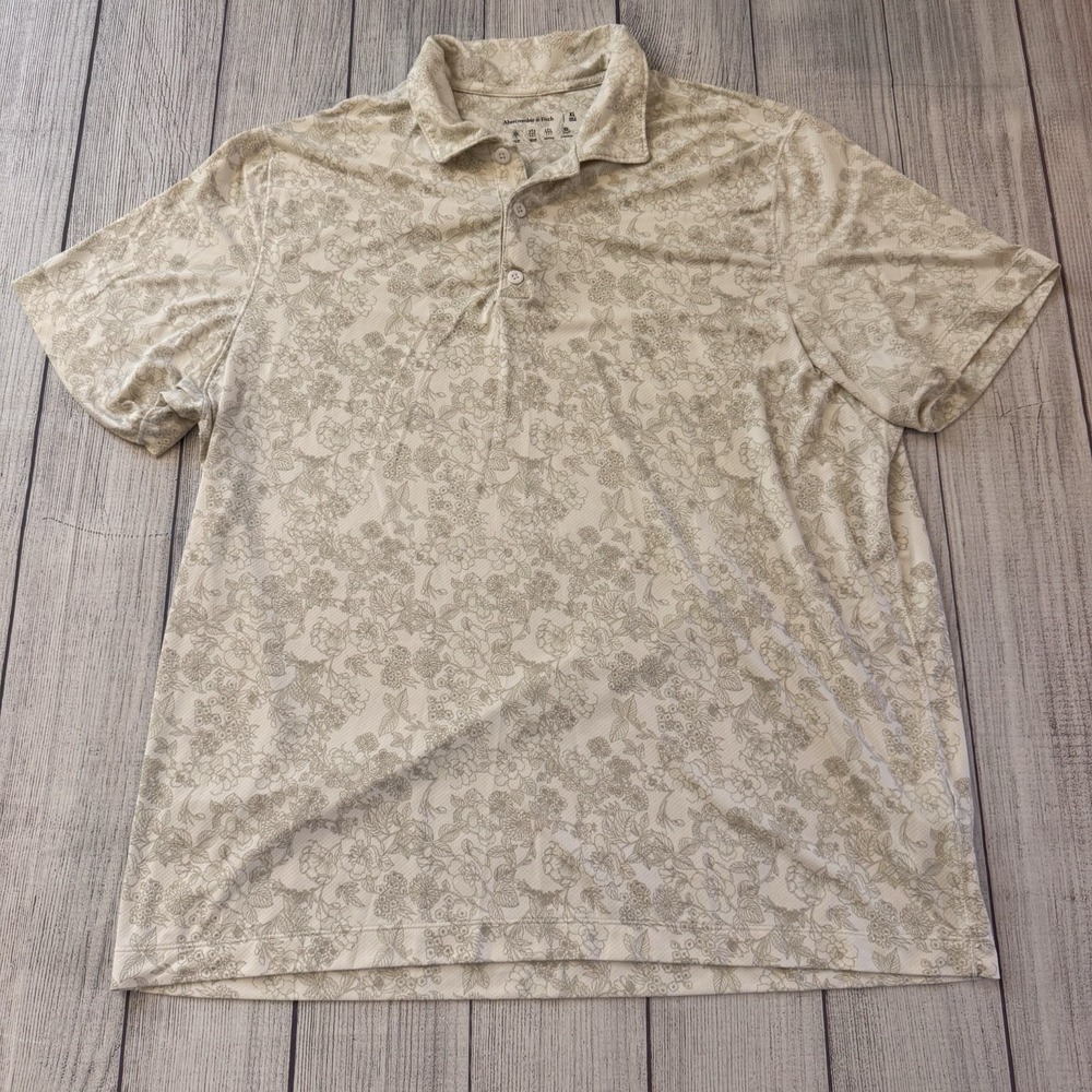 Abercrombie‎ & Fitch Floral Polo Shirt XL Beige Performance Moisture Wicking Men